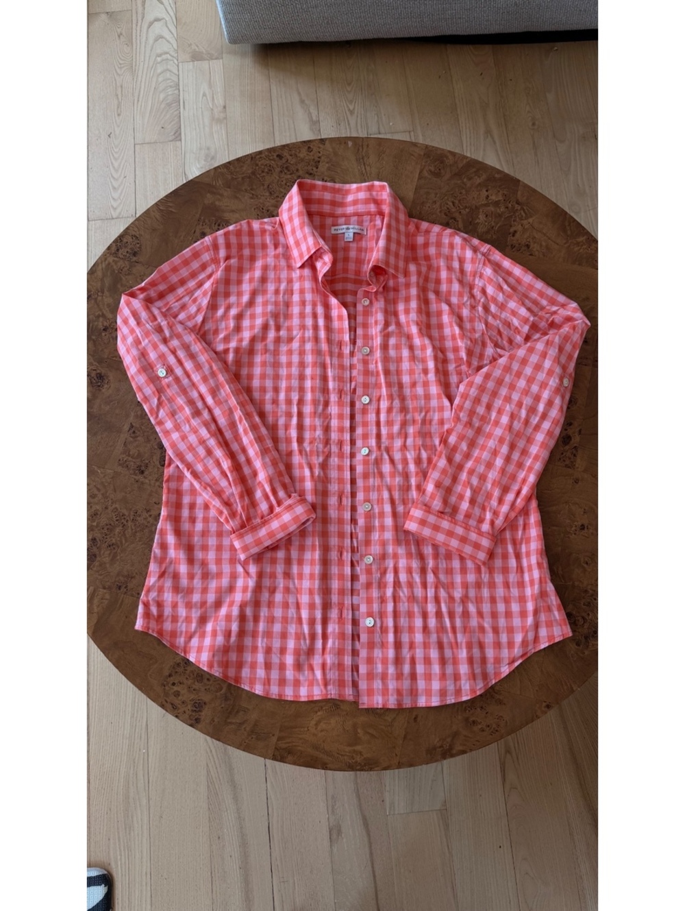 Peter Millar Coral and Pink Gingham Button-Up Shirt Size L